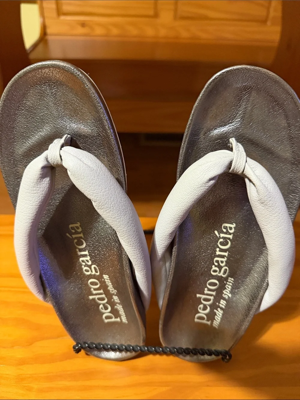 Pedro Garcia Light Gray Strap Sandals with Metallic Silver Footbed